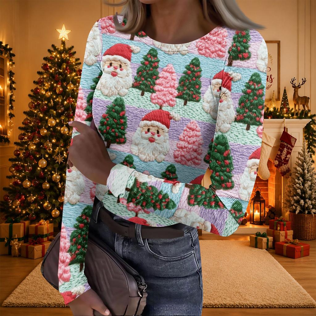Women's Casual Christmas Print Long Sleeve Ribbed Neck Top