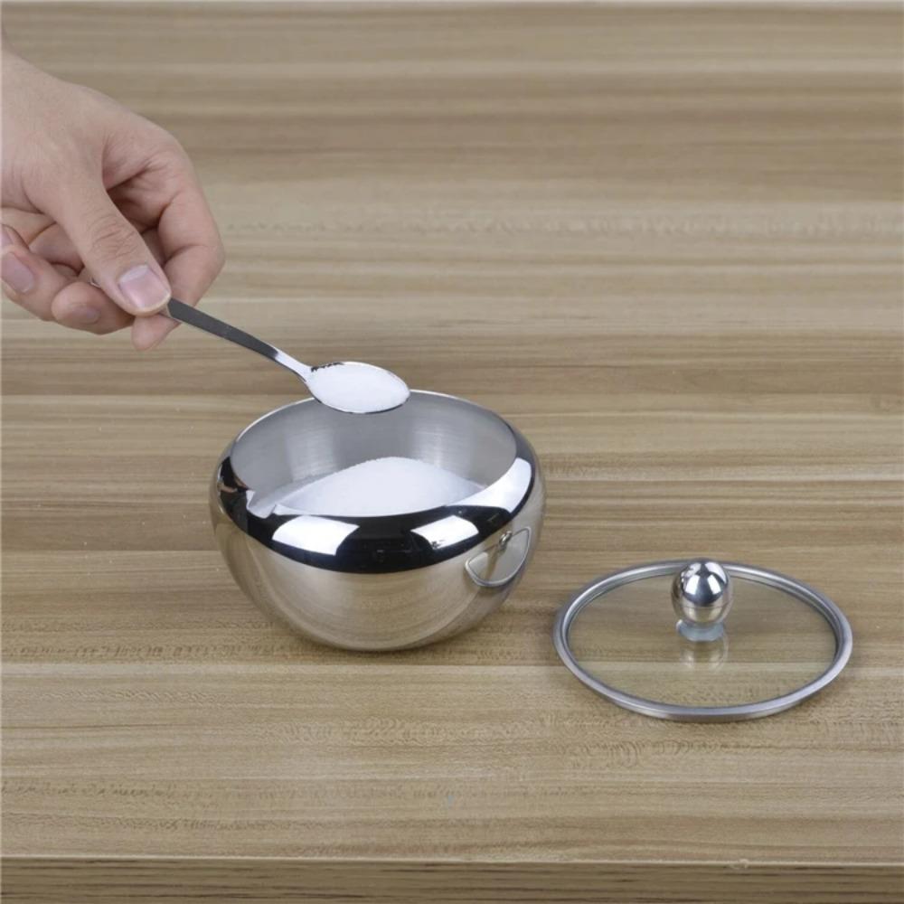 Large Capacity 300ML Sugar Bowl Stainless Steel Sugar Bowl with Glass Lid and Spoon Seasoning Spice Bowl Container KC0247