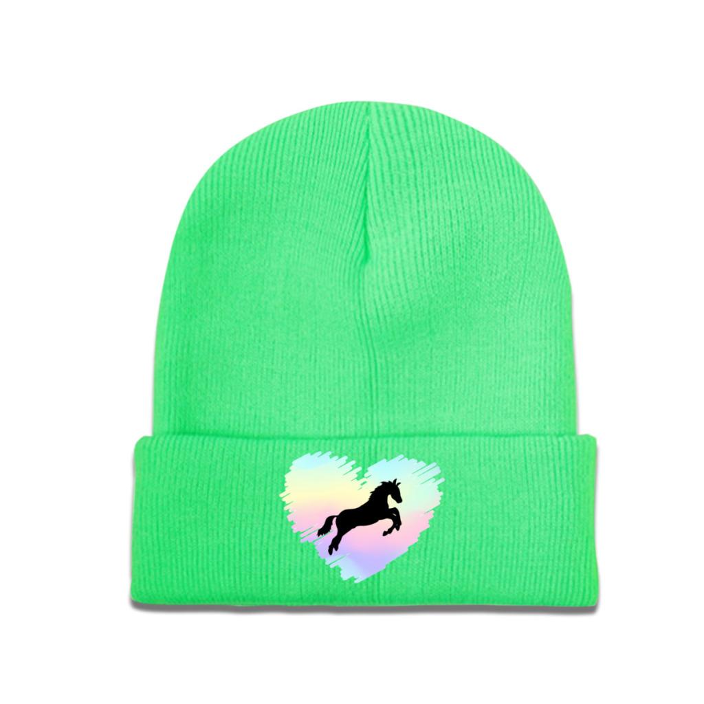 Pferdeliebhaber-Regenbogen-Herz-Strickmütze für Damen, Unisex, Skullies-Mützen, Herbst-Winter-Mützen, Hip-Hop-Kappen