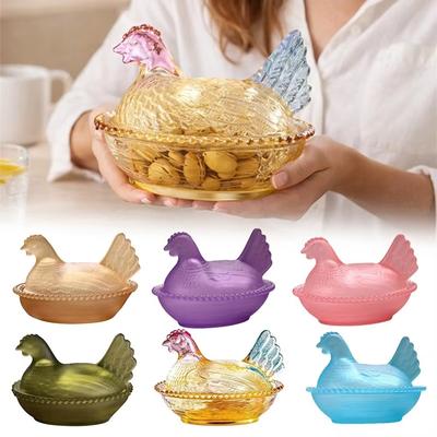 Hühnerförmige Kristallglas-Süßigkeitenschale mit Deckel, Schüssel im Vintage-Stil für Nüsse, Dessert, Dekorative Dose für Zuhause, Küche