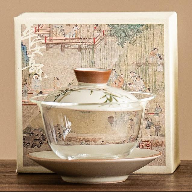 Hand drawn emerald green bamboo tea bowl with lid, home kung fu tea bowl, glass tea set, ceramic three piece lid bowl