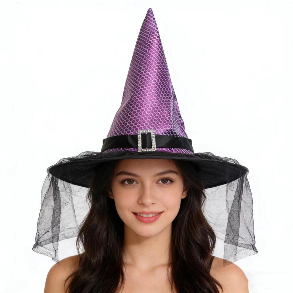 Halloween Witch Hat with Mesh, Rose, Feather, Pumpkin, and Star Design