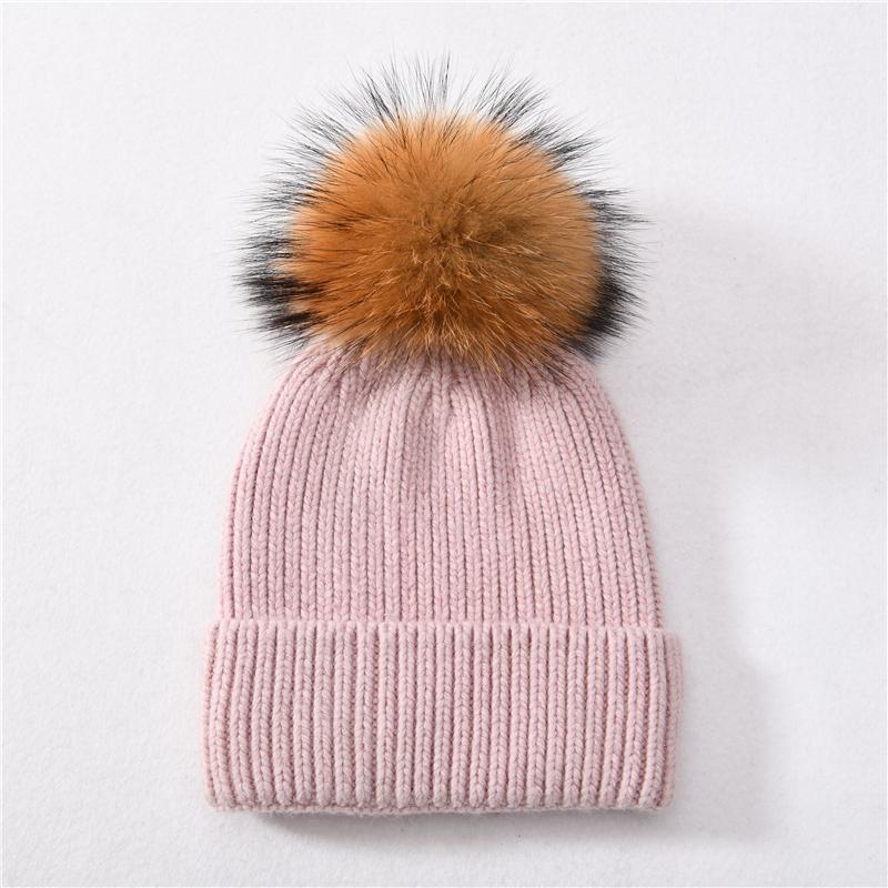 Jaxmonoy Kaschmir-Strickmütze, große Beanie-Mütze mit echtem Waschbärfell und Bommel, hochwertige, warme Mütze, Damenmütze