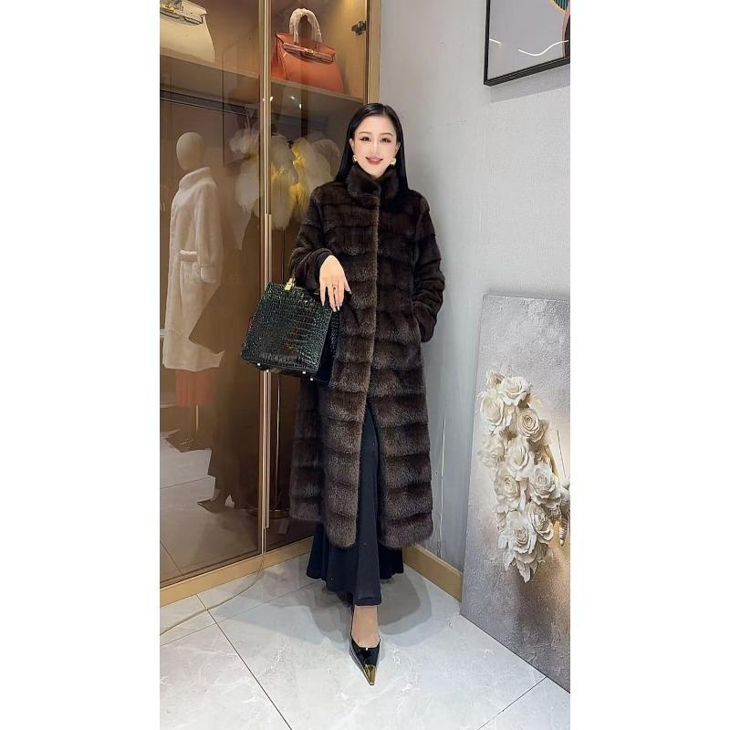 Elegant Winter Thick Faux Mink Fur Long Coat Stand Collar Warm Stylish Women Outerwear Jacket