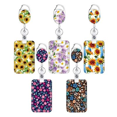 Flower Print Badge Holder Retractable Reels with Lanyard Vertical Badge Reels Holder for Doctor Nurse Teacher Student