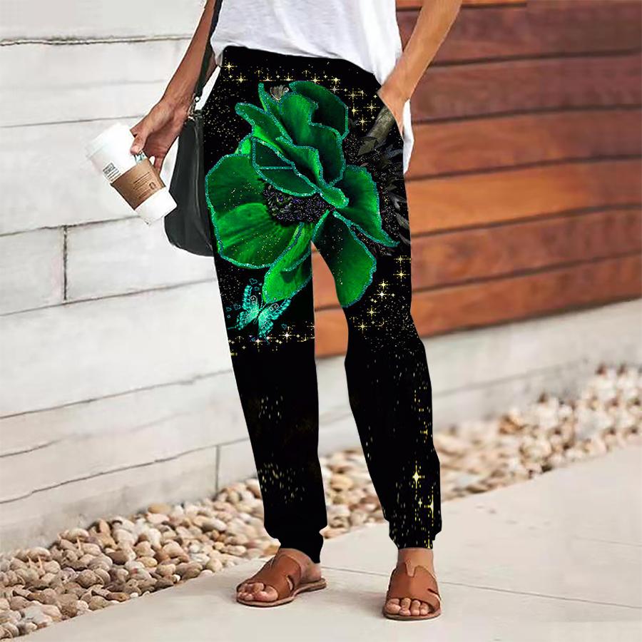 Women Flower Printing Pants Lace Up Elastic Waist Loose  Trousers Casual Long Pants Trousers with Pockets