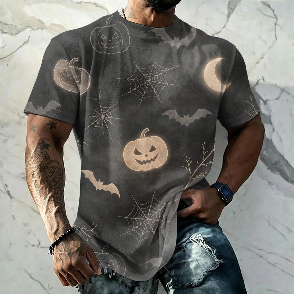 Men's Halloween Vintage Short Sleeve T Shirt Loose Fit Breathable Summer Sports Streetwear Casual Everyday Top with Spider Web Bat Moon Print