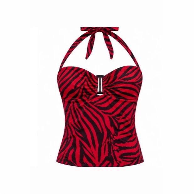Women Halter Neck Zebra Print Crop Top Sexy Backless Cami Top with Metal Buckle Detail S