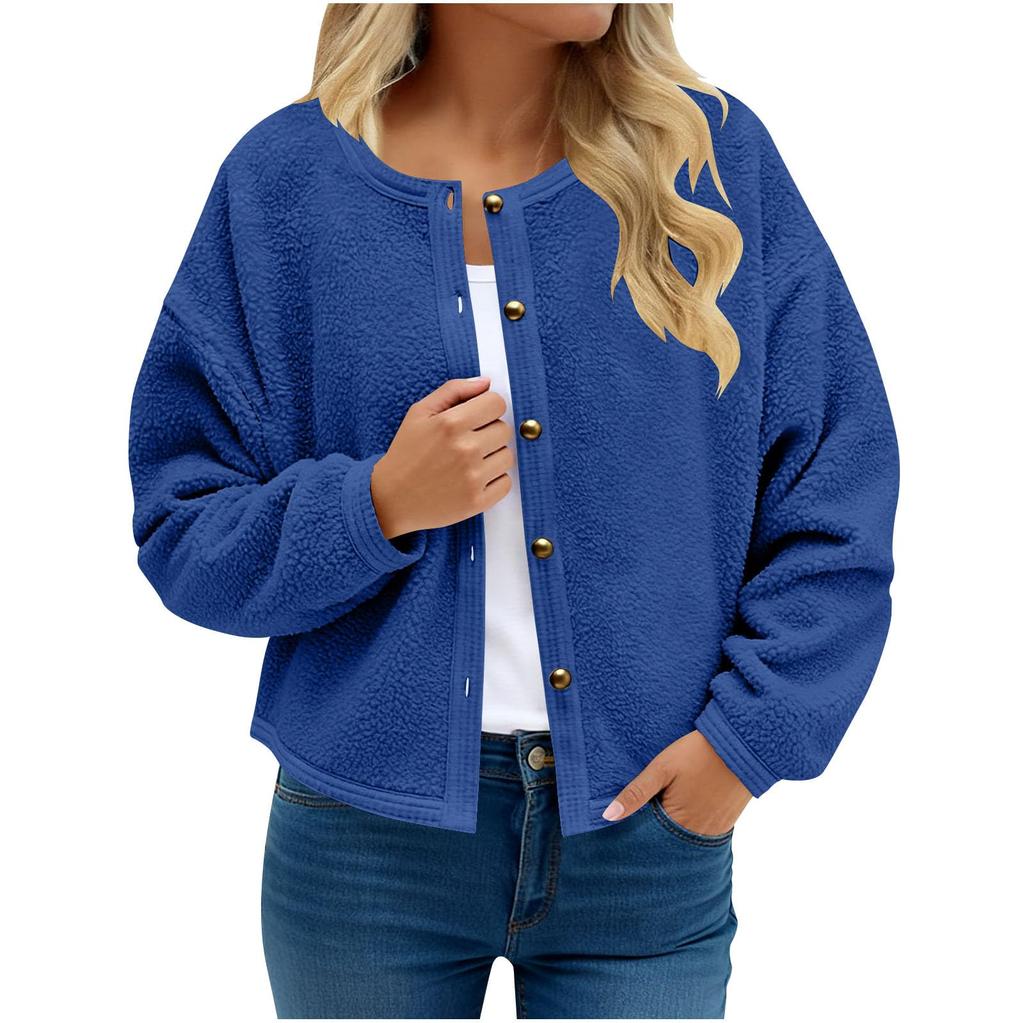 Women's Fashion Autumn/Winter Casual Classic Button-Front Round Neck Short-Length Shearling-Lined Long-Sleeved Coat