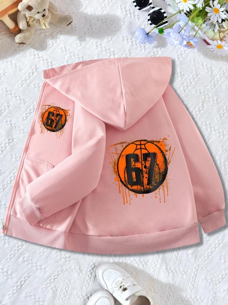 Childrens Zip Hooded Jacket Orange Drip Basketball Hoop Number 67 Graphic Long Sleeve Casual Basketball Lover Street Coat