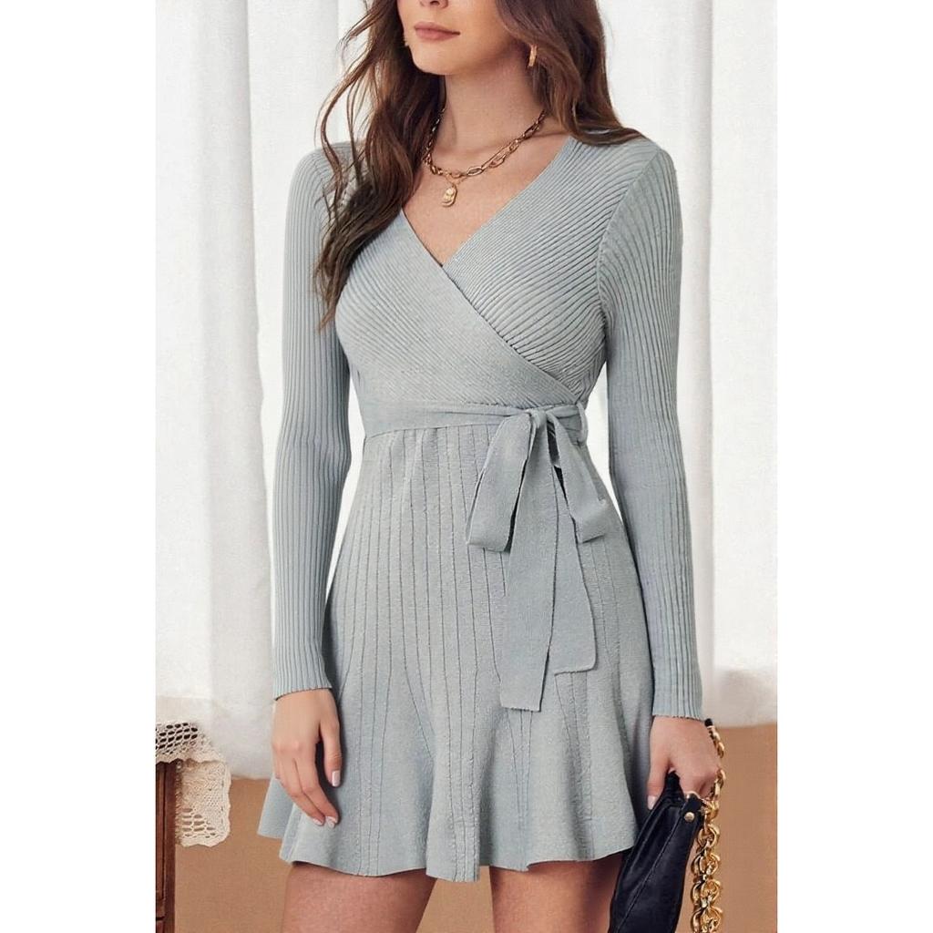 Women's  Spring Summer Korean Style V-neck Cross Wrap Lace-up Waist Slim Fit Pleated Long Sleeve Knit Midi Dress