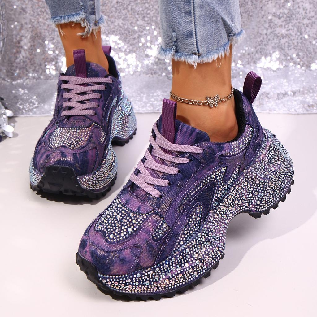 2025 autumn new fashion muffin platform casual rhinestone denim fabric dad shoes women's height-increasing sports shoes trendy shoes