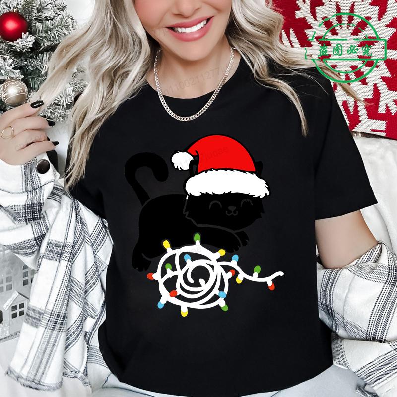 Summer Round Neck 3D Christmas Black Cat Pattern Print Top Fashionable Casual Short Sleeved Women's T-shirts
