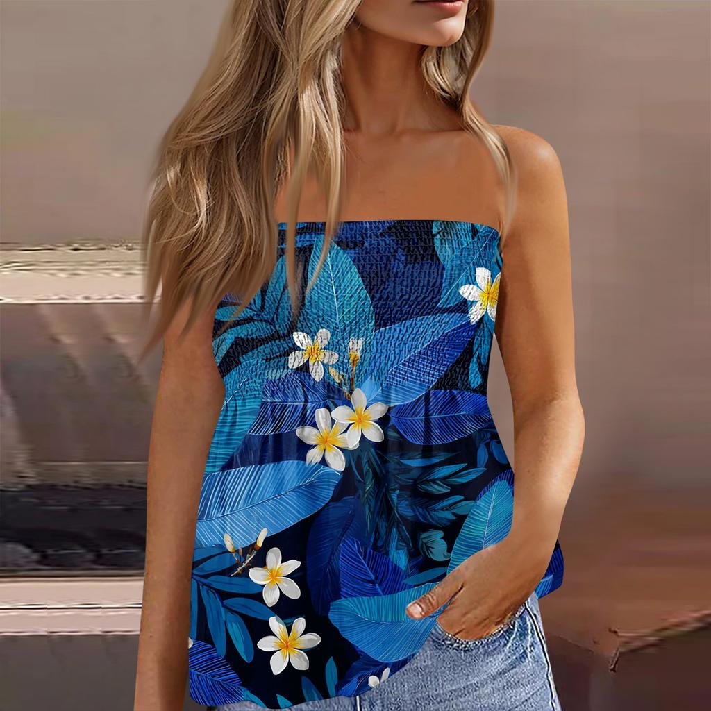 Women's Summer Fashion Strapless Top, Cute and Sexy Off-Shoulder Hawaiian Print Sleeveless T-Shirt