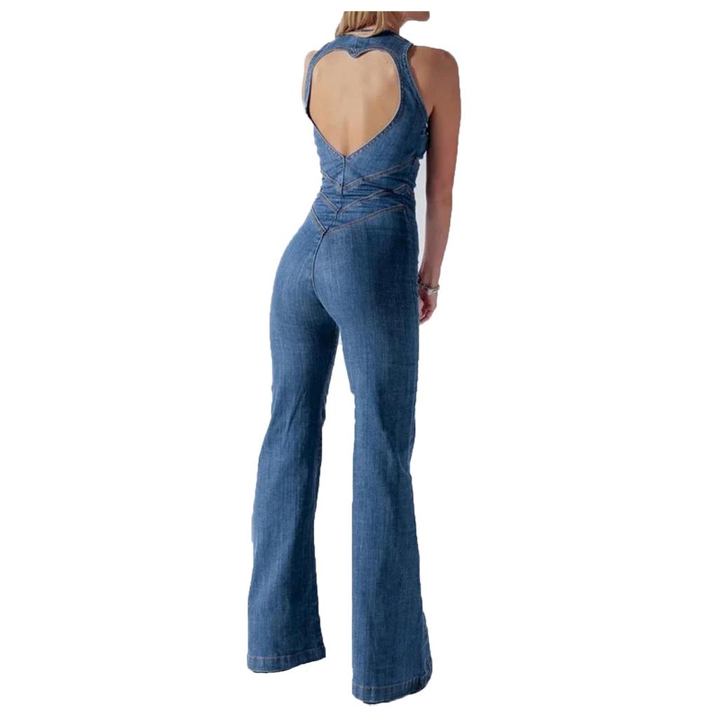 Women Casual Sleeveless Rompers Vintage Overalls Ladies Long Jumpsuits Heart Cutout Back Jumpsuit