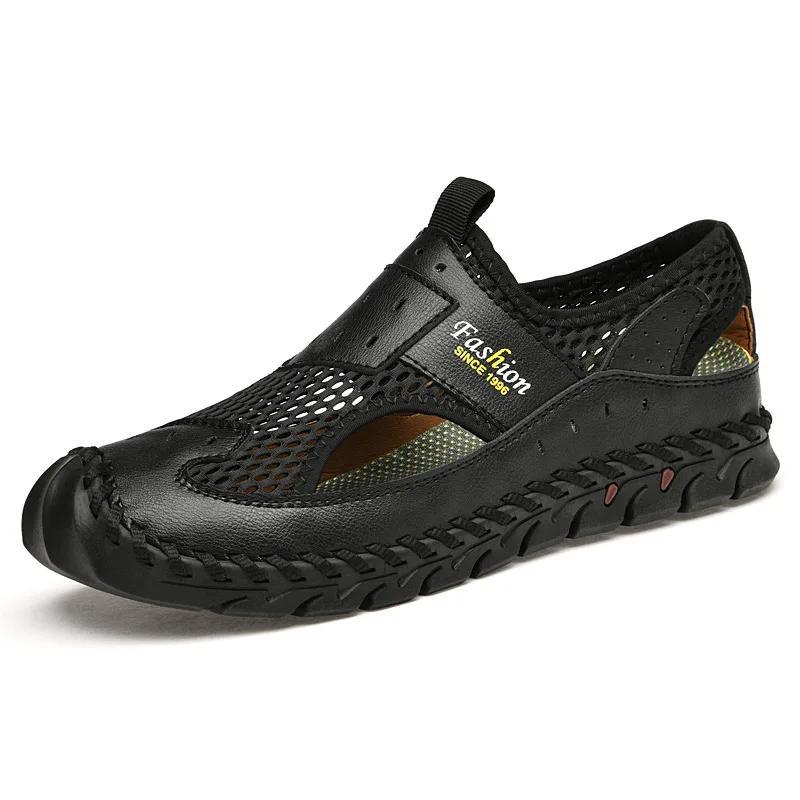 Fashion Men Genuine Leather Shoes Men's Sandals Durable Handmade Stitching Close Toe Non Slip Shoes For Indoor Outdoor Beach 2025