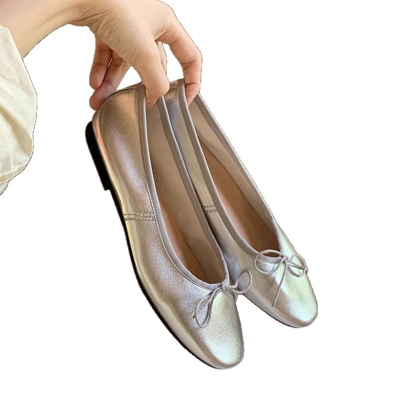 Sheepskin version~ leather flat-bottomed bow light-mouth single shoes women's 2025 new temperament evening shoes ladyshoes grandma shoes