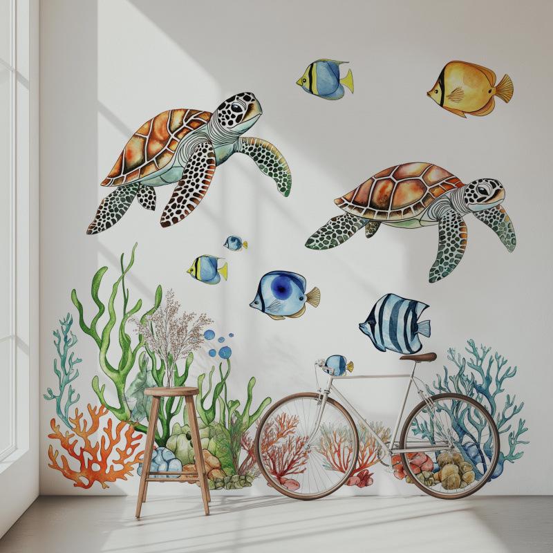 MS362 Sea Turtle & Coral Wall Stickers - Self-Adhesive Ocean Decor for Bathroom