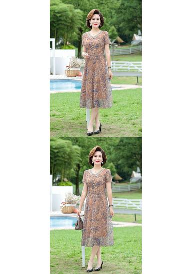 Elegant Summer Floral Dress for Middle-aged Women - Chinese National Style, Short Sleeve Maxi