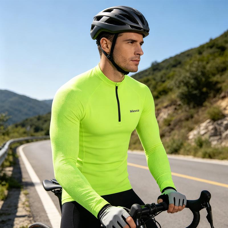 Summer Men's Long Sleeve Cycling Jersey, Half Zip Breathable Mesh Bike Shirt, Fluorescent High Visibility Road Biking Top