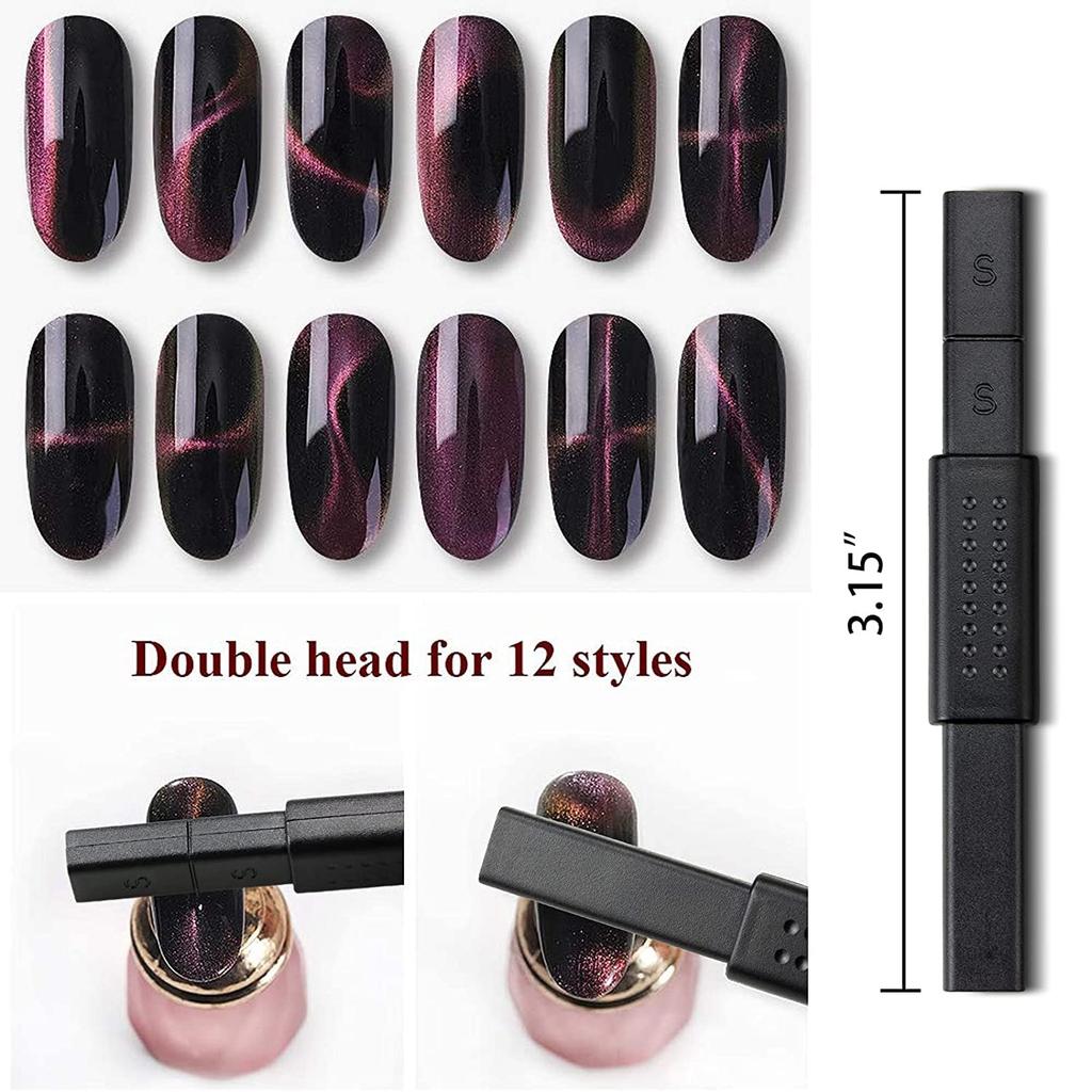 YIKOOLIN 3Pcs Cat Eye Magnet for Nails Gel Nail Polish Magnet Wand Nail Art Nail Polish Double-Headed Magnets Sticks Design Tool