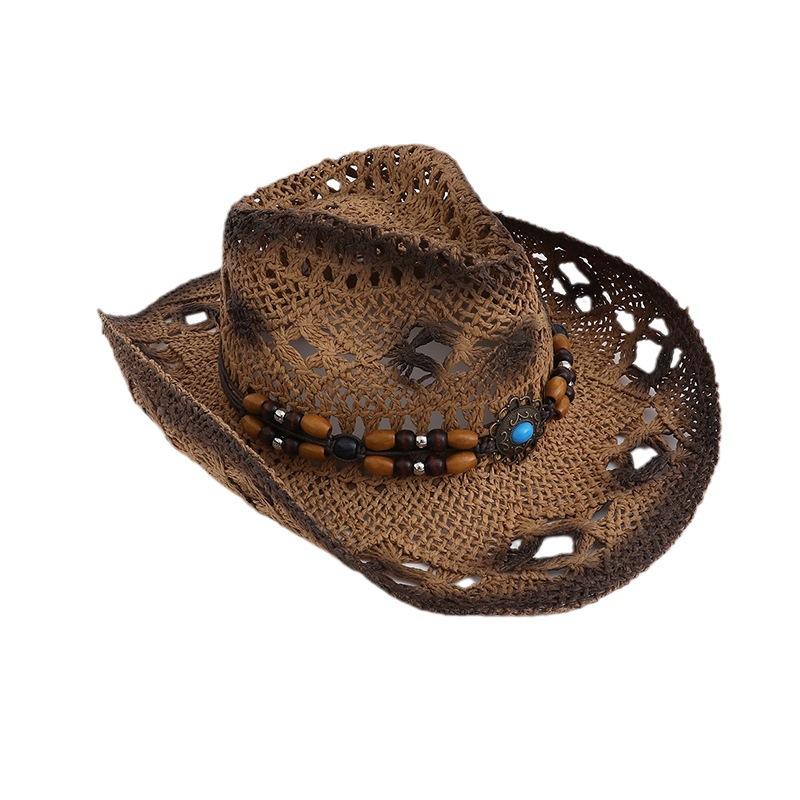 Summer Hollow Jazz Curved Brim Straw Hat Women's Sunshade Sun Protection Breathable Retro Seaside Beach Western Cowboy Hat Men