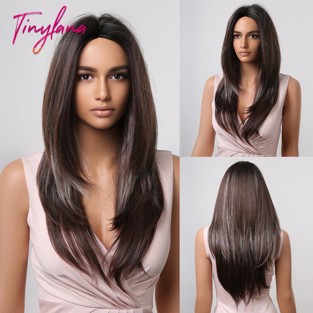 Long Straight Synthetic Wig with Bangs Dark Black Gray Hair Wigs for Women Cosplay Natural Hair Heat Resistant Layered Wigs