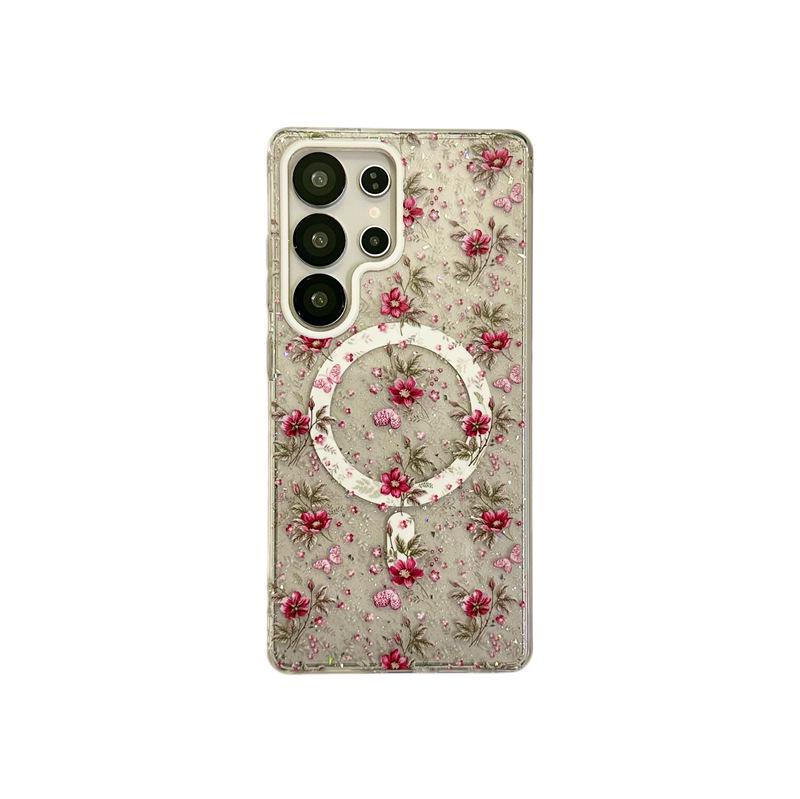 Koreanische minimalistische Glitzerblumen-Magnet-Handyhülle für Samsung S25 Ultra/S24 Plus