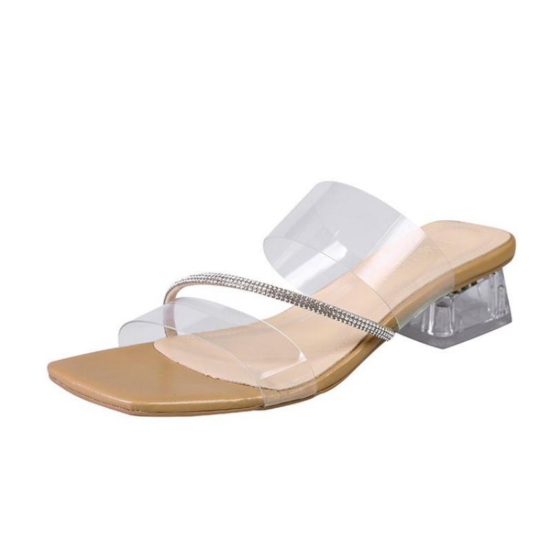 Women's square head thick heel cool slippers women's new one-word with fine diamond beach shoes sexy high-heeled slippers