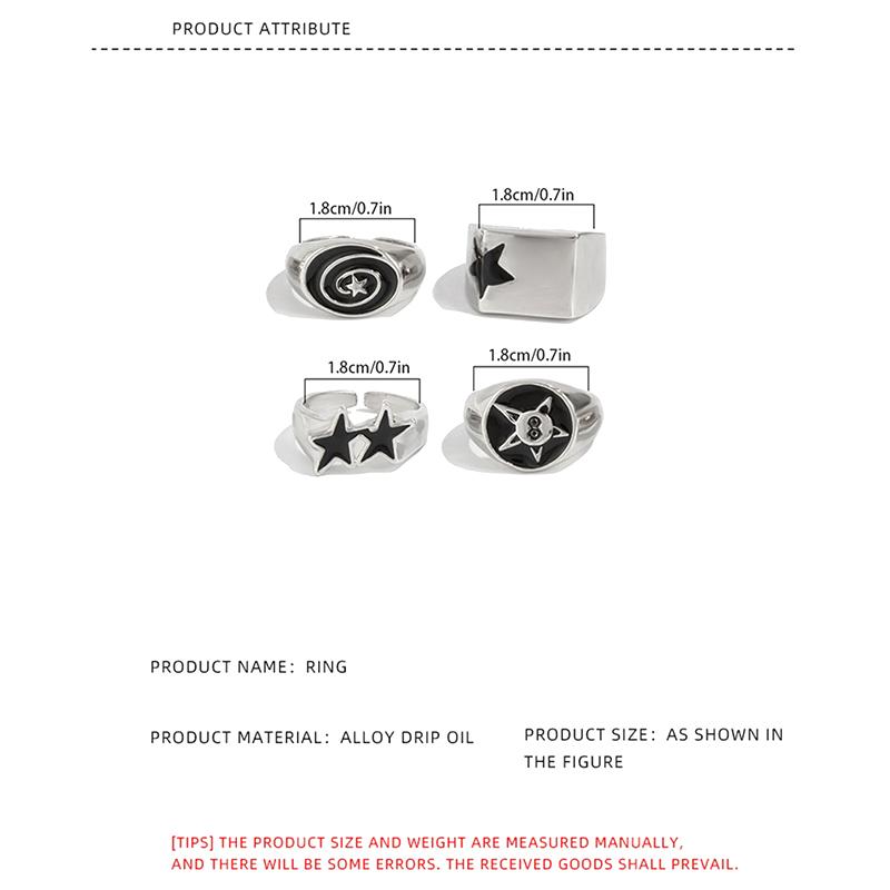 4 Stück/Set Schwarze Fünfzackige Sterne Breite Ringe Für Männer Hiphop Silberfarben Geometrisch Dicke Öffnende Fingerringe Sets Schmuck Geschenke