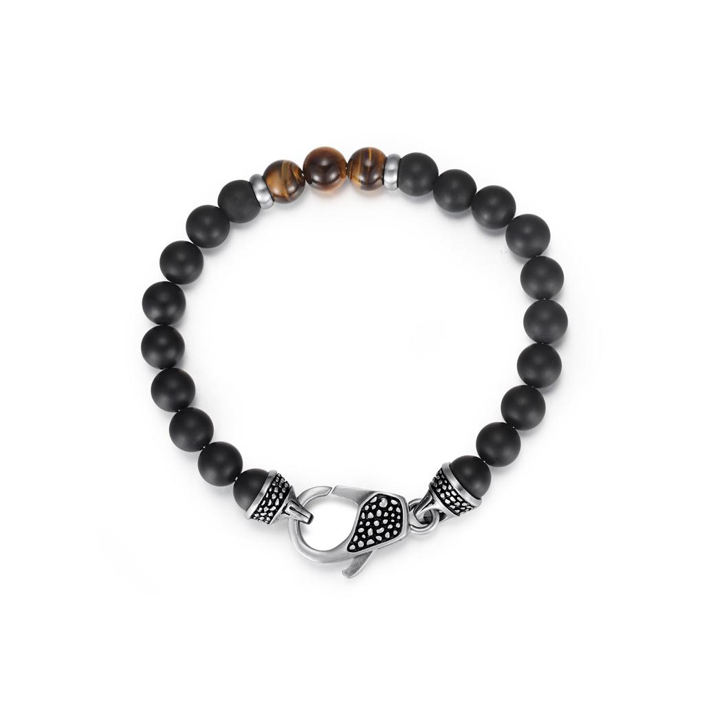 MATT STONE BRACELET     8mm Matt Onyx Stone Bead Bracelet with Reptile Design Lobster Lock, Brown Tiger Eye Stones