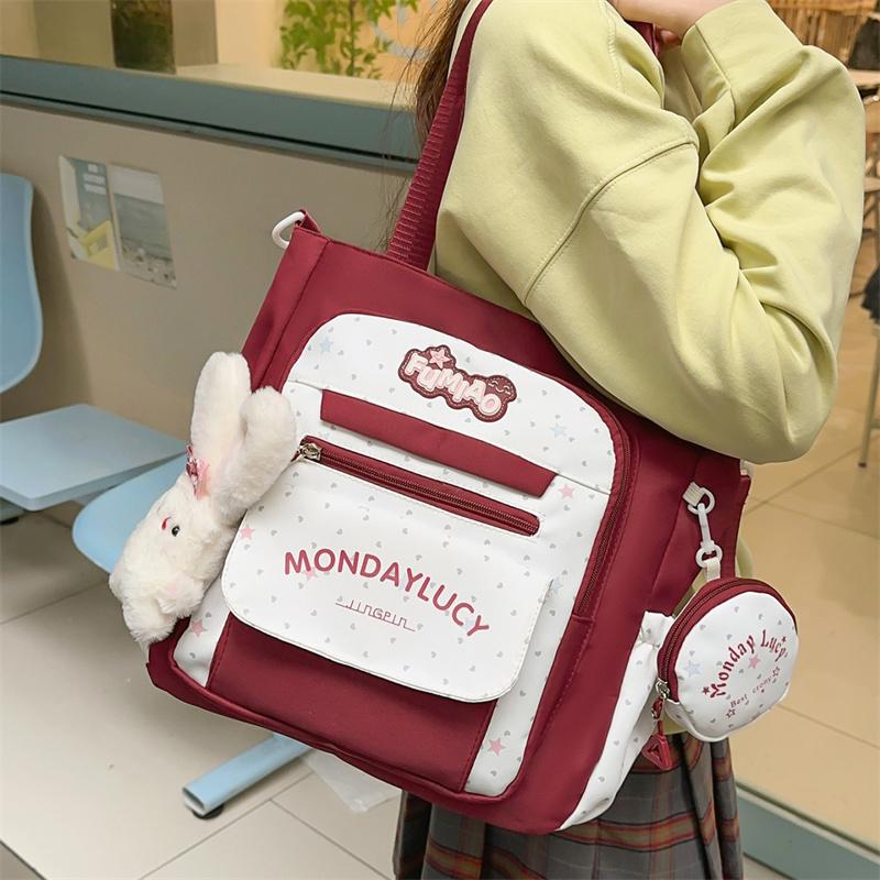 Women's Shoulder Bag Color Block Large Capacity Tote Bag Student Book Bag with Coin Purse