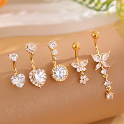 3-9pcs/lot Gold Color Heart Butterfly Belly Button Rings Belly Piercing Sets Stainless Steel Dangled Flower Opal Navel Piercings