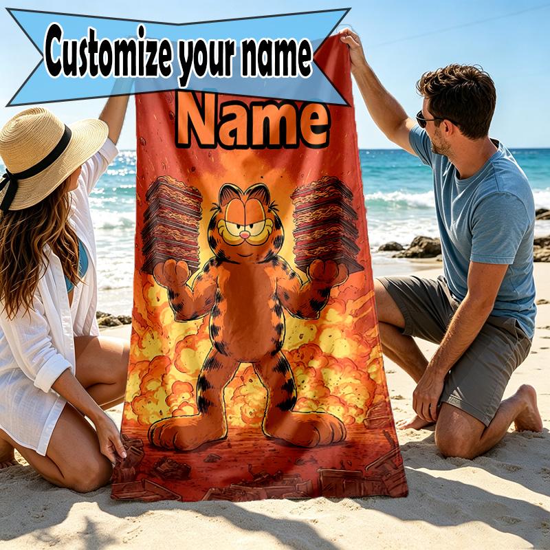 Custom Name Personalized Garfield Print Beach Towel, for Trip Camping Beach Party Home Decor, Birthday Gift for Family & Friends