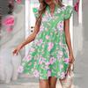 Summer Women Loose V-neck Print Dress Flounce Sleeves