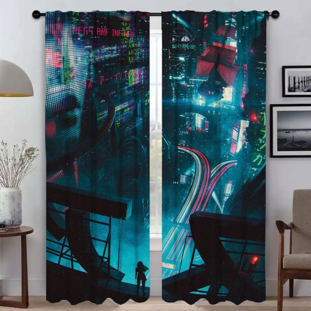 Japan Neon 3D Reams Window Curtain for Room 2 Panel Anti-mosquito Curtains Tulle for Bedroom Halloween Decoration Partition Home