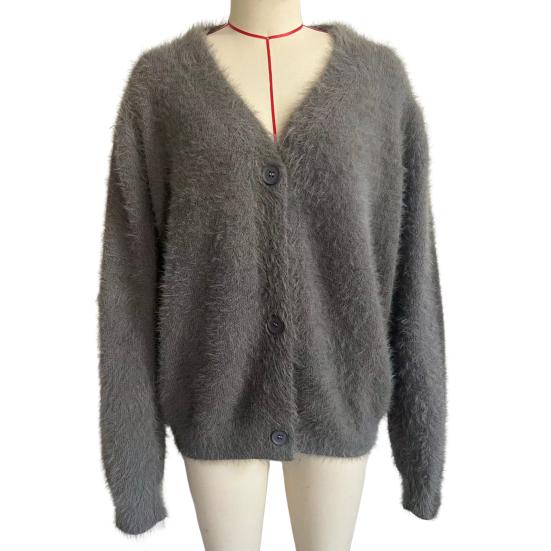 Women Knitting Coat V-Neck Long Sleeve Solid Color Single Breasted Sweater Coat Loose Fit Stretchy Outwear