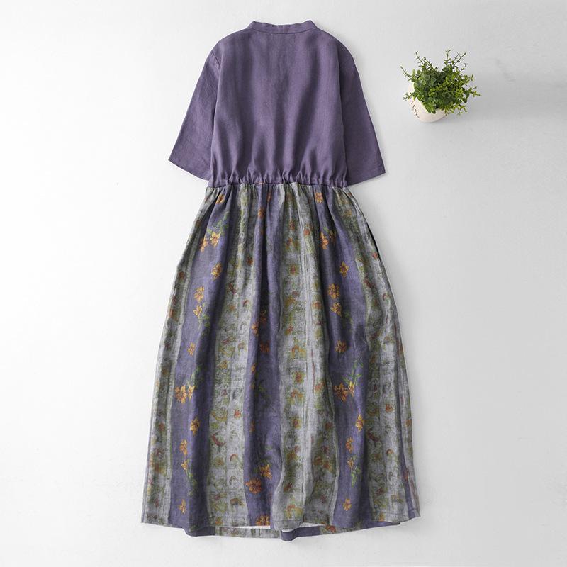 2026 Summer Retro Ethnic Printed Color Block Artistic Travel Loose Slimming Mid-Length Dress for Women