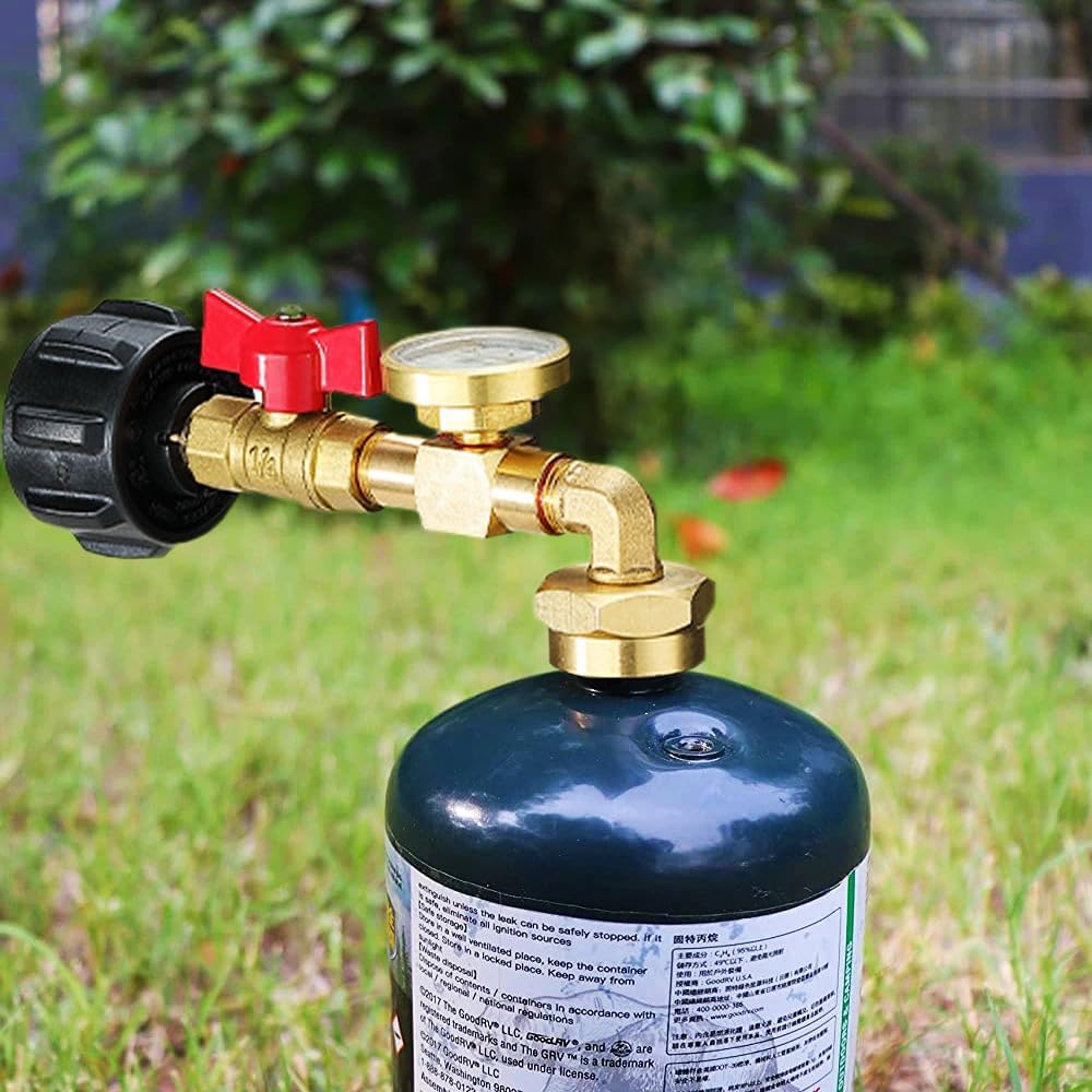 Upgraded Propane Refill Elbow Adapter with Tank Gauge,Fill 1 Pound Bottles from 20lb Tank, 1 Lb Throwaway Disposable Cylinder Propane Bottle