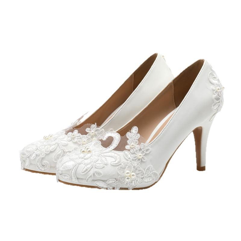 White round head high heels waterproof table stiletto pearl handmade lace flower women's single shoes wedding shoes 202543