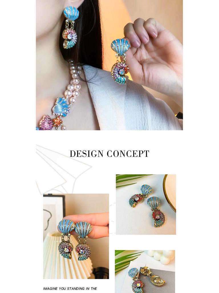 Vibrant Rhinestone Pearl Necklace & Marine Life Tassel Earrings Set