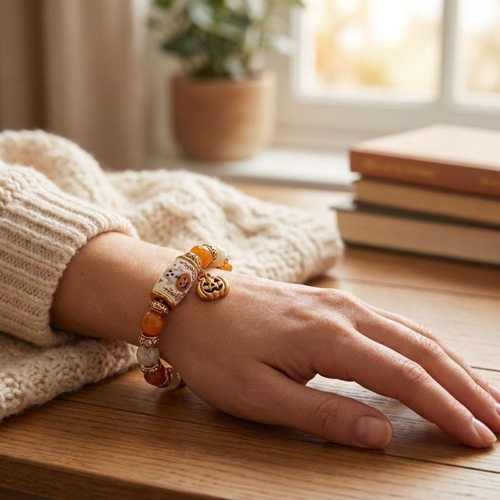 Beaded Halloween Beaded Bracelet Handmade Pumpkin Ghost Bead Jewelry  For Women Men