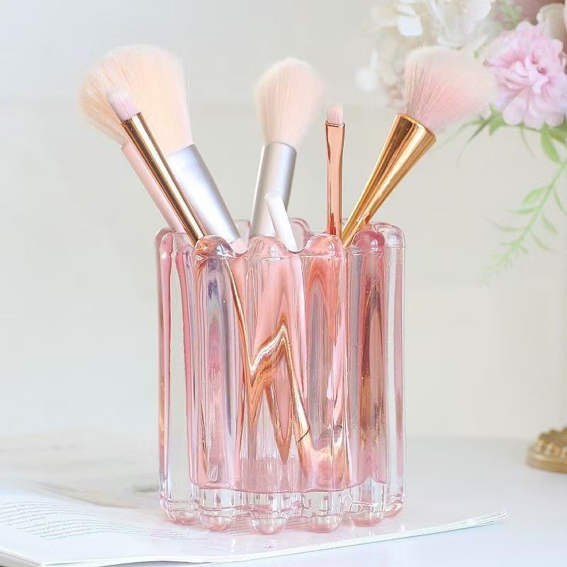 Wave Edge Stripe Makeup Brush Bucket Eyebrow Pencil Holder Simple Glass Ornament Desktop Storage Container