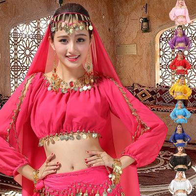 Belly Dance Costume for Women Crewneck Long Sleeve Coin Tee Shirt Top Carnival Dancer Outfits
