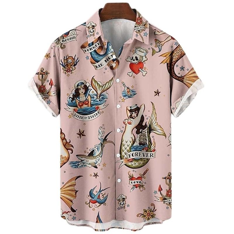 Mermaid retro printed shirts Men's European and American pattern Summer casual short sleeved shirt Hawaiian button