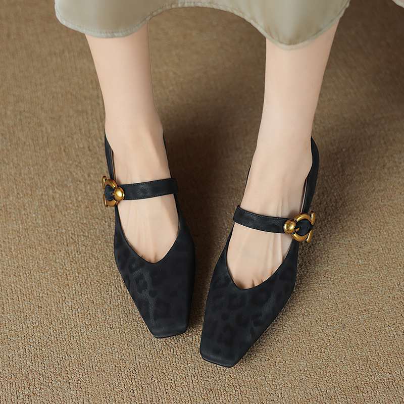 Krazing Pot Sheep Skin Summer Spring Autumn Stiletto Med Heels Leopard Women Square Toe Metal Decoration Shallow Pumps