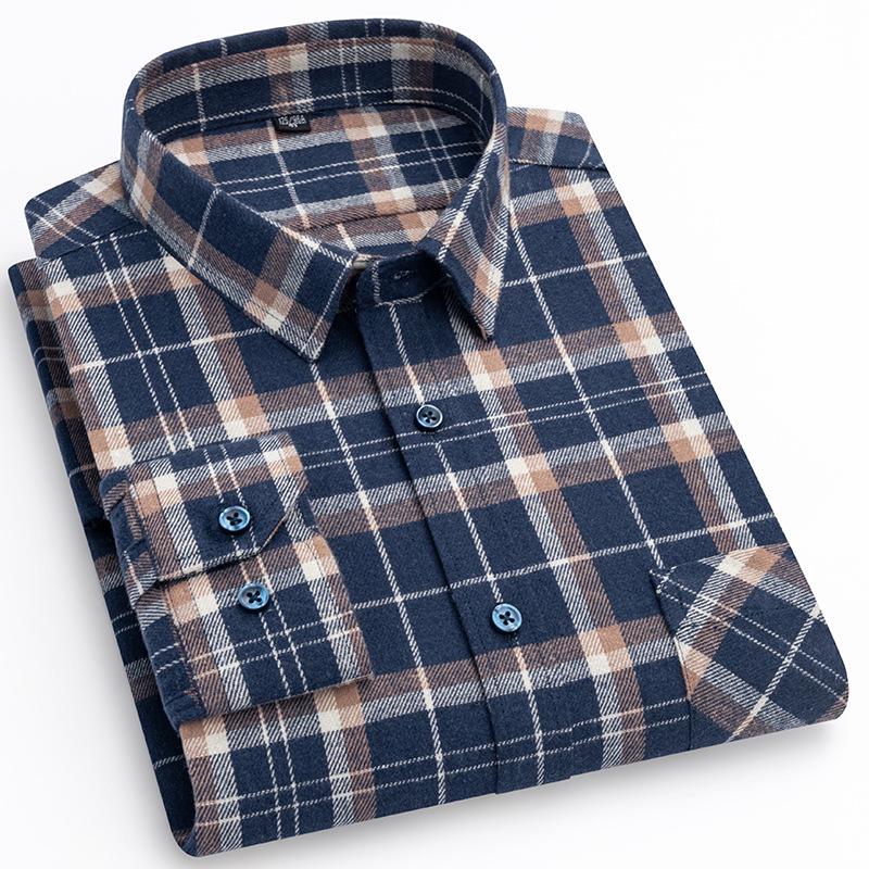 New Men's Plus Size Brushed Cotton Plaid Long Sleeve Shirt for Middle-Aged & Elderly with Straight Hem