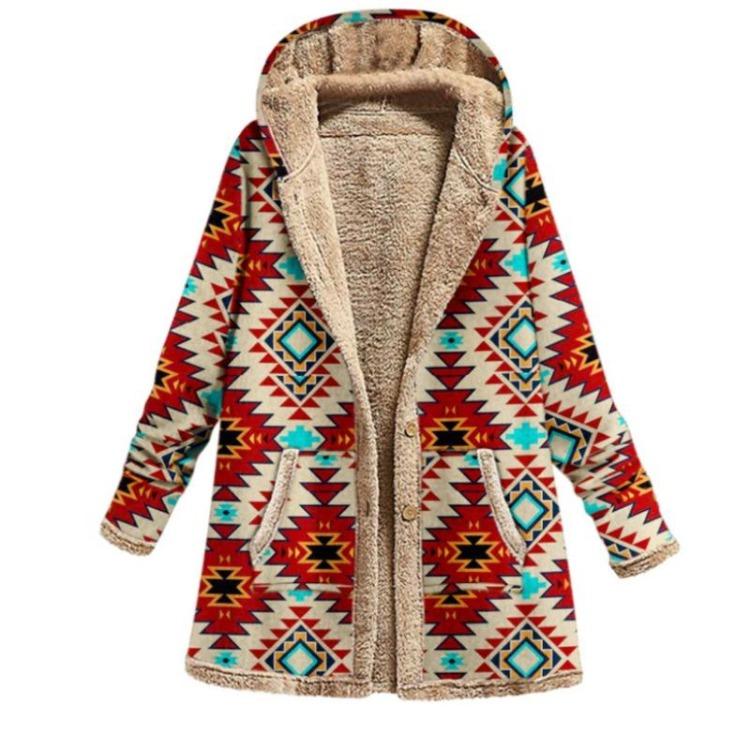 Warme Vintage-Print Winterjacke Damen Hoodie Mantel mit Tasche Reißverschluss Komfort Frühling Mode Oberbekleidung