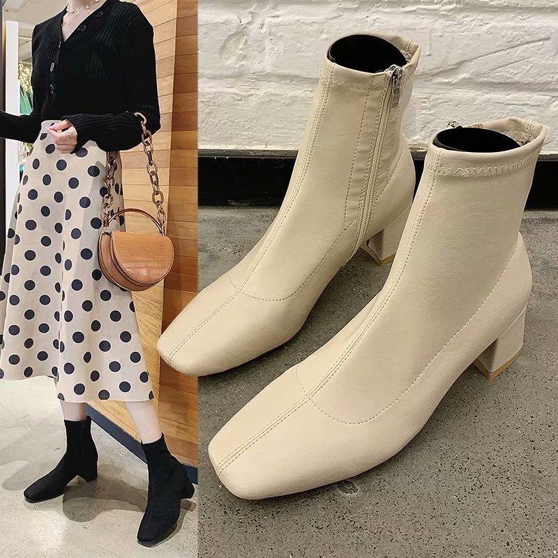 Korean  Autumn Winter New Women Boots Ankle Square Toe Mid-tube Thick-heeled Boots Women's Fashion High-heeled Women's Boots