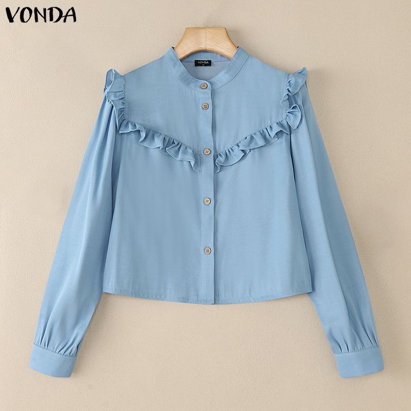 VONDA Elegant Women Long Sleeve Ruffled Plaid Blouse Shirts